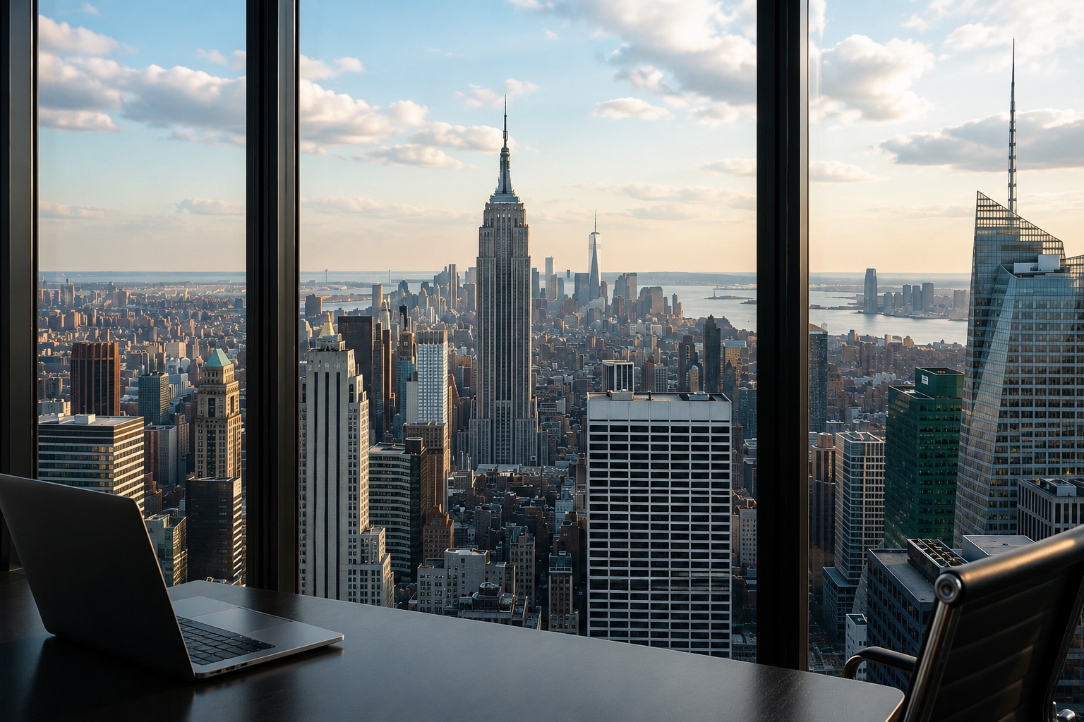 View over a city skyline from a corporate office